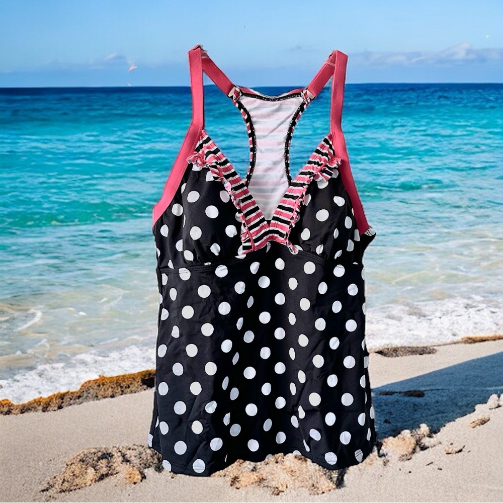 Cole of California Racerback Tankini, Black & White Polkadot w/Pink Trim NWT -Lg